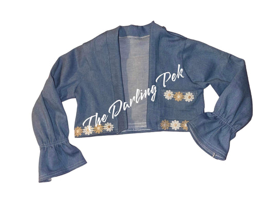 Denim Crop Cardigan w/Floral Trim