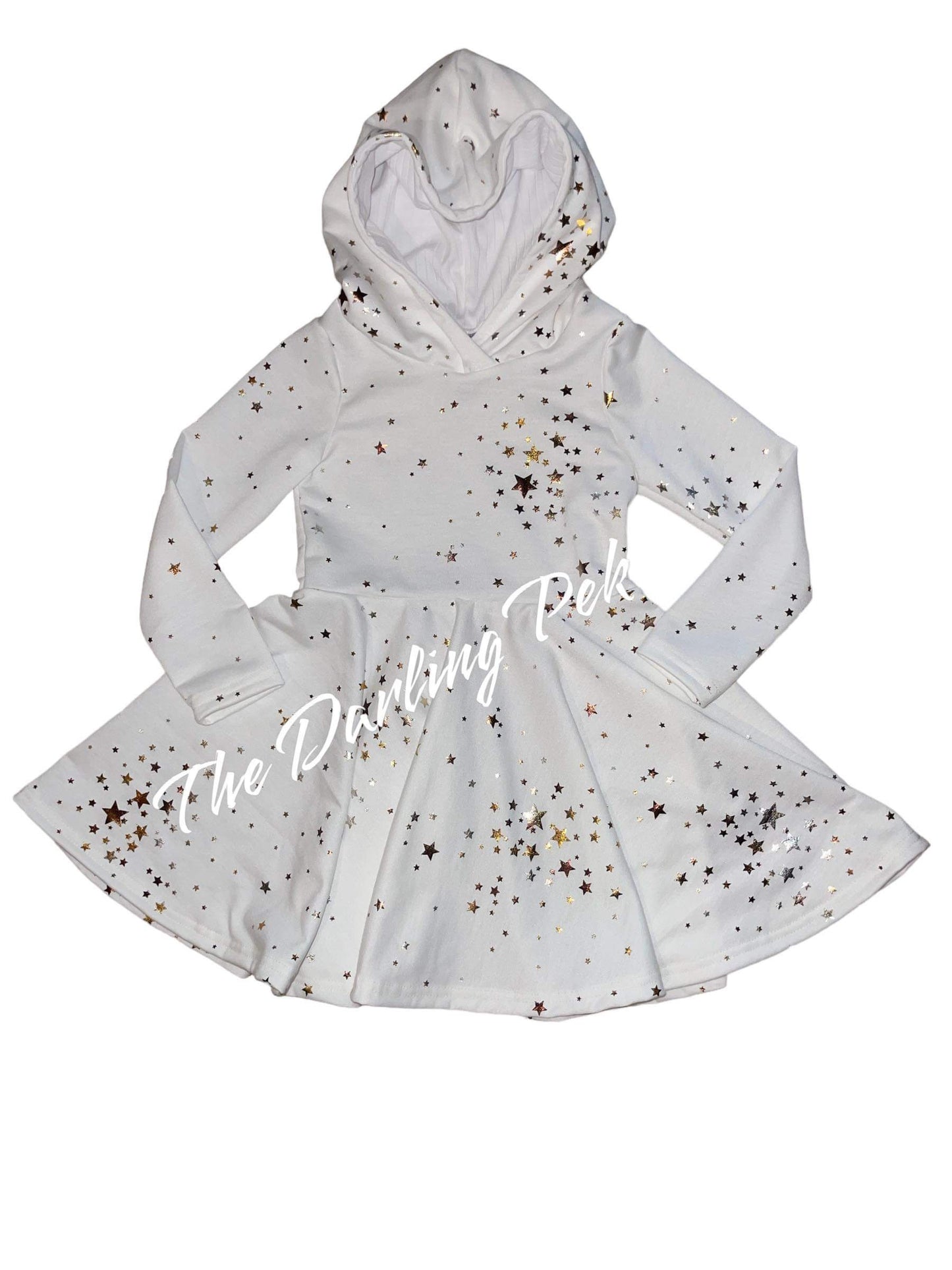 Off White Foil Star - Long Sleeve Hooded Peplum Dress