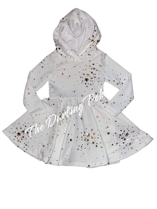 Off White Foil Star - Long Sleeve Hooded Peplum Dress