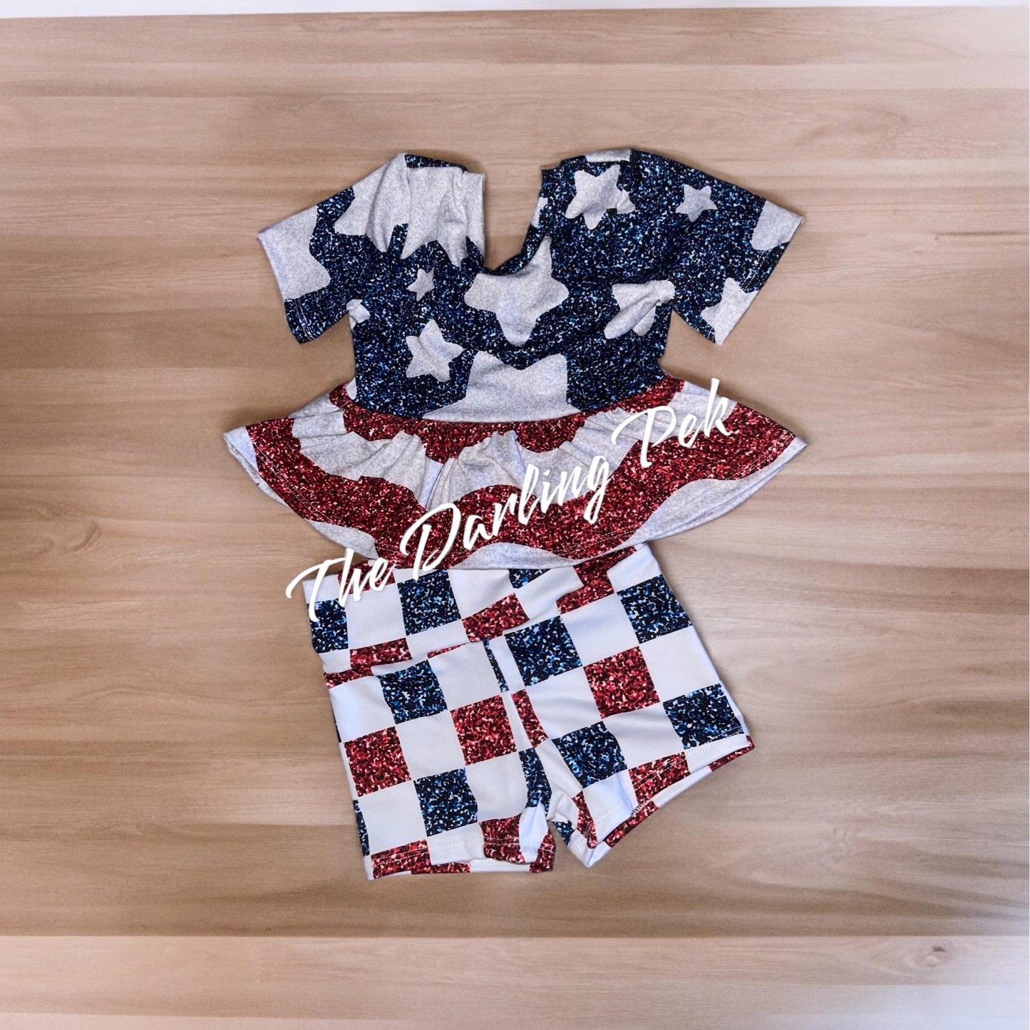 Cropped Peplum & Mini Bikers Set- Glitter Stars & Stripes